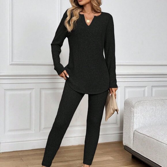 Black Casual Women's Plush Rib-Knit Long Sleeve T-Shirt And Leggings Suit - Picture 6 of 6
